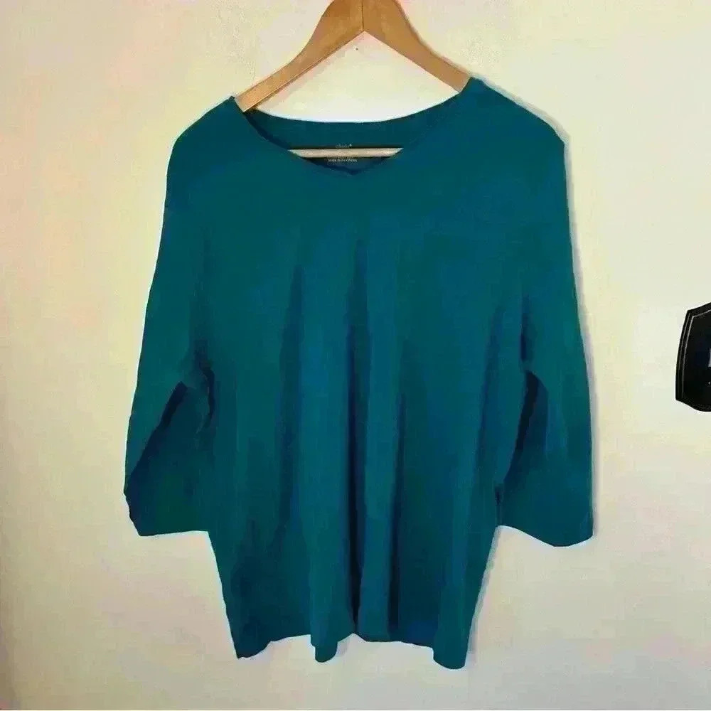 CJ Banks Three Quarter Length Long Sleeve Shirt Turquoise Blue/Gree Size 1X redo